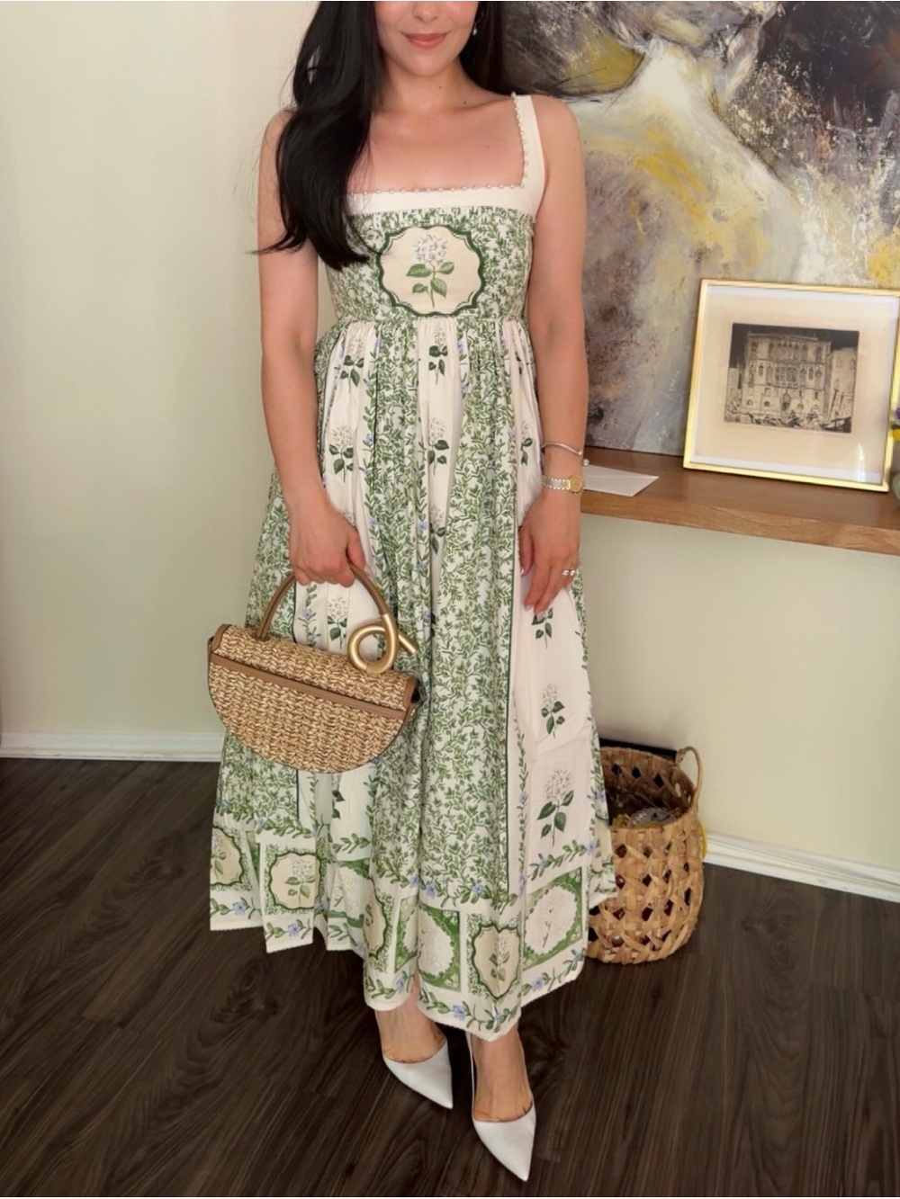 Agua by Agua Bendita Green and Cream Floral Midi Dress